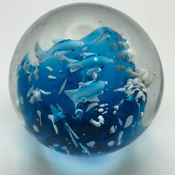 Art Glass Clear Round Paperweight with Controlled Bubbles Waves 3 Blue Dolphins - Picture 15 of 16